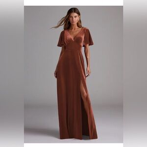 AZAZIE KIMBER STRETCH TERRACOTTA A-LINE WITH POCKETS VELVET DRESS GOWN NEW